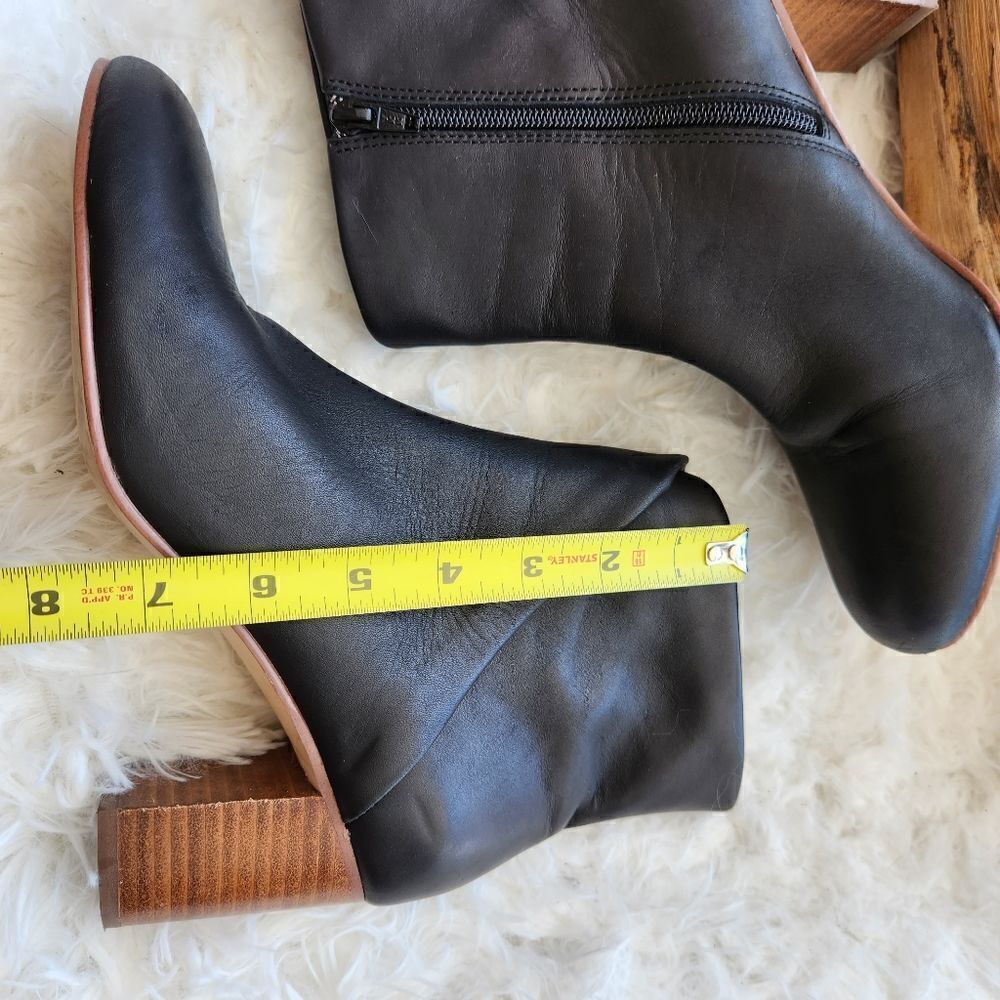 Soludos Black Leather Heeled Booties Wood Finish Bottom View 2